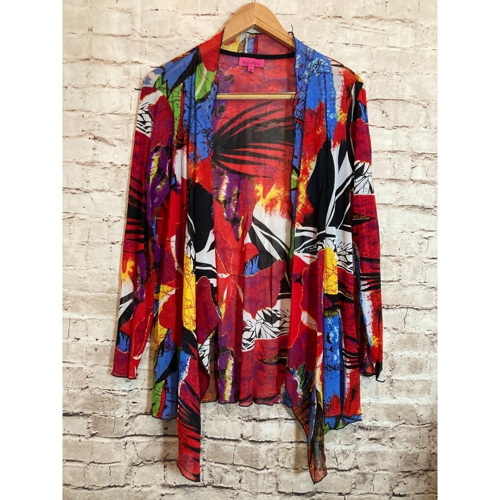 Max & Rina Top Womens Large Red Art To Wear Open Front Retro Geometric Mesh